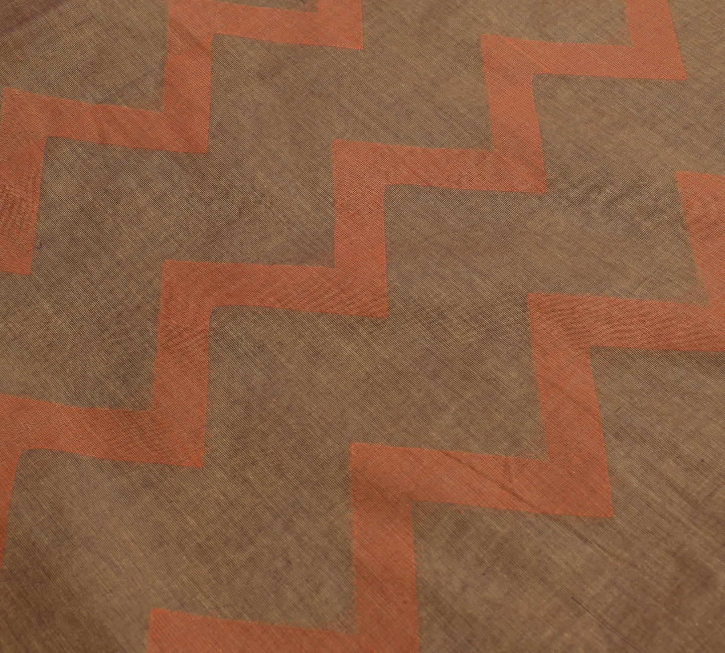 Sushila Vintage Brown 100% Pure Cotton Saree Zig-Zag Woven Sari Craft 5YD Fabric