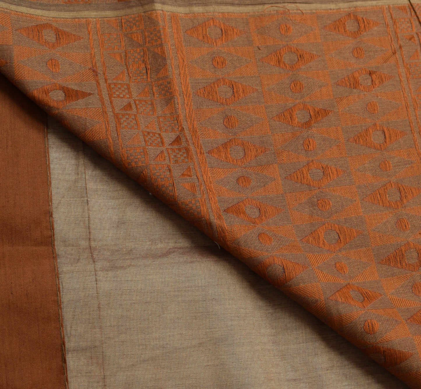 Sushila Vintage Brown 100% Pure Cotton Saree Zig-Zag Woven Sari Craft 5YD Fabric