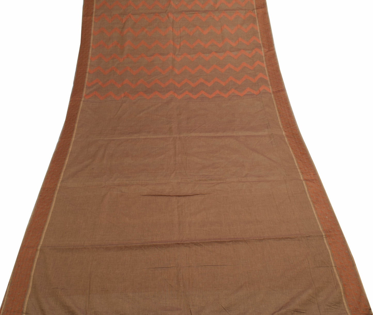 Sushila Vintage Brown 100% Pure Cotton Saree Zig-Zag Woven Sari Craft 5YD Fabric