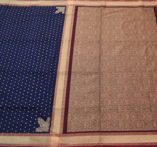 Sushila Vintage Blue Silk Saree Woven Floral Sari with Unstitched Blouse Fabric