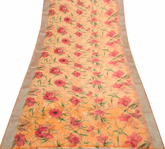 Sushila Vtg Peach Silk Saree Floral Printed Sari Fabric Gives You Stunning Look