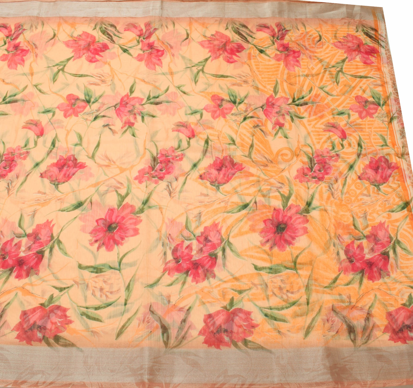 Sushila Vtg Peach Silk Saree Floral Printed Sari Fabric Gives You Stunning Look