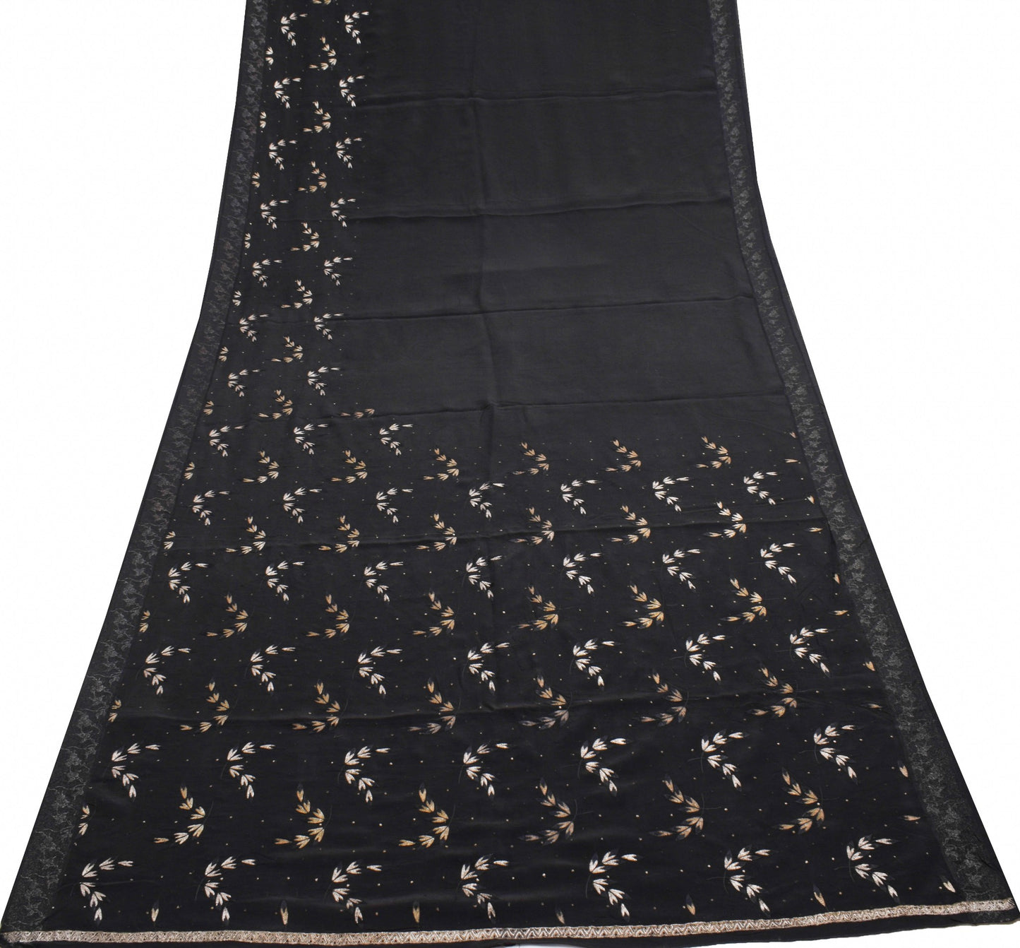 Sushila Vintage Black 100% Pure Crepe Silk Saree Embroidered Floral Sari Fabric
