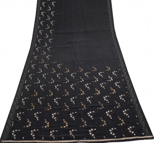 Sushila Vintage Black 100% Pure Crepe Silk Saree Embroidered Floral Sari Fabric