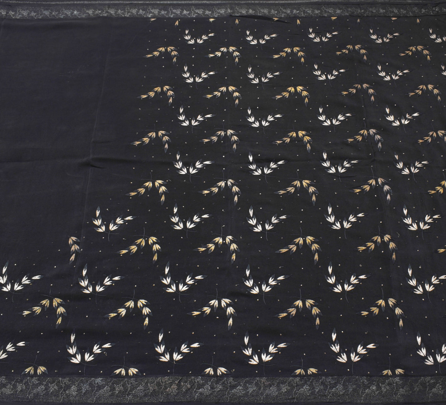Sushila Vintage Black 100% Pure Crepe Silk Saree Embroidered Floral Sari Fabric