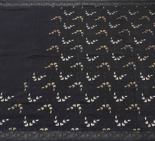 Sushila Vintage Black 100% Pure Crepe Silk Saree Embroidered Floral Sari Fabric