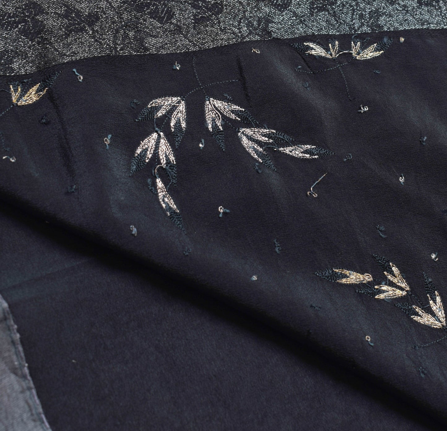Sushila Vintage Black 100% Pure Crepe Silk Saree Embroidered Floral Sari Fabric