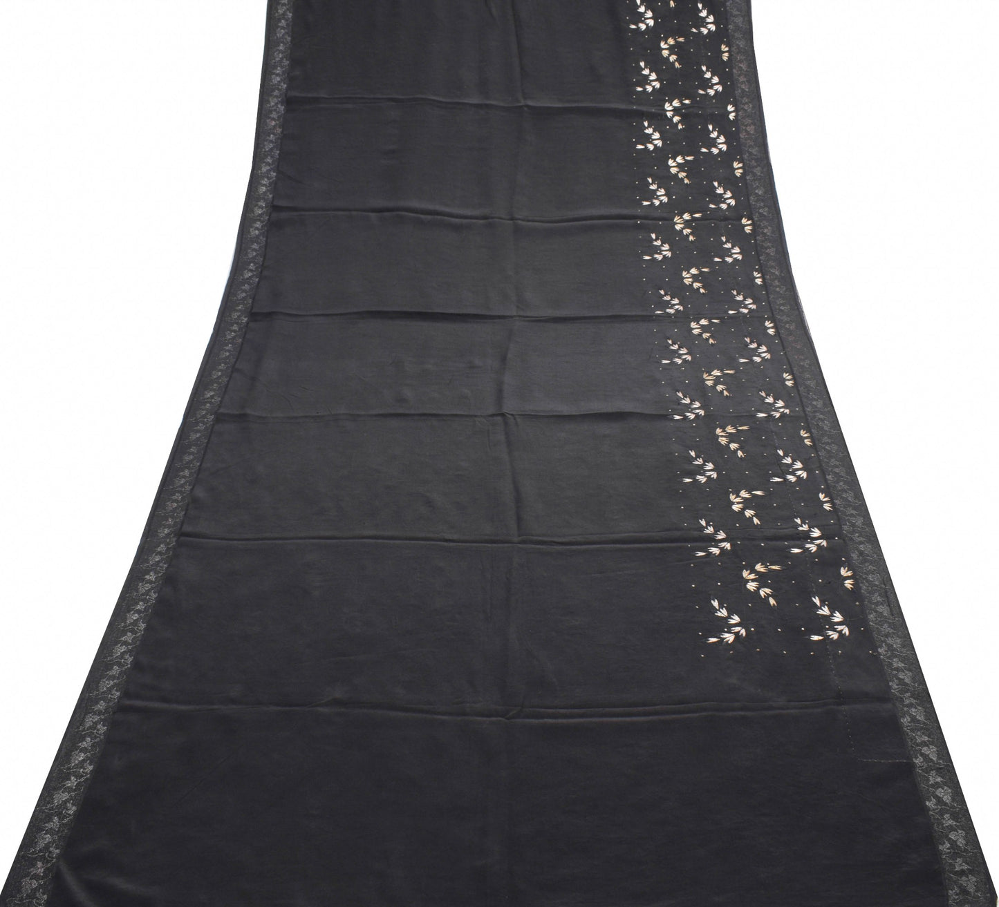 Sushila Vintage Black 100% Pure Crepe Silk Saree Embroidered Floral Sari Fabric