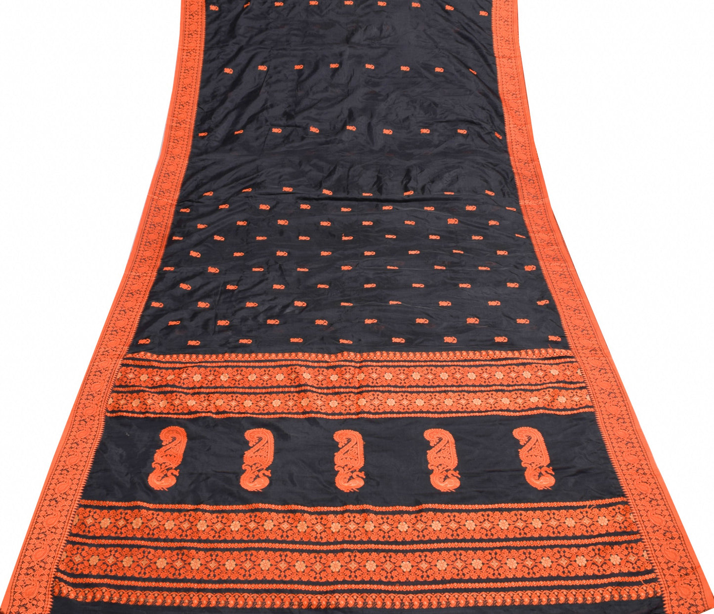Sushila Vintage Black & Dark Orange Saree Elegance Woven Soft Silk Sari Fabric