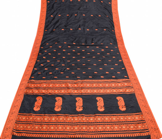 Sushila Vintage Black & Dark Orange Saree Elegance Woven Soft Silk Sari Fabric