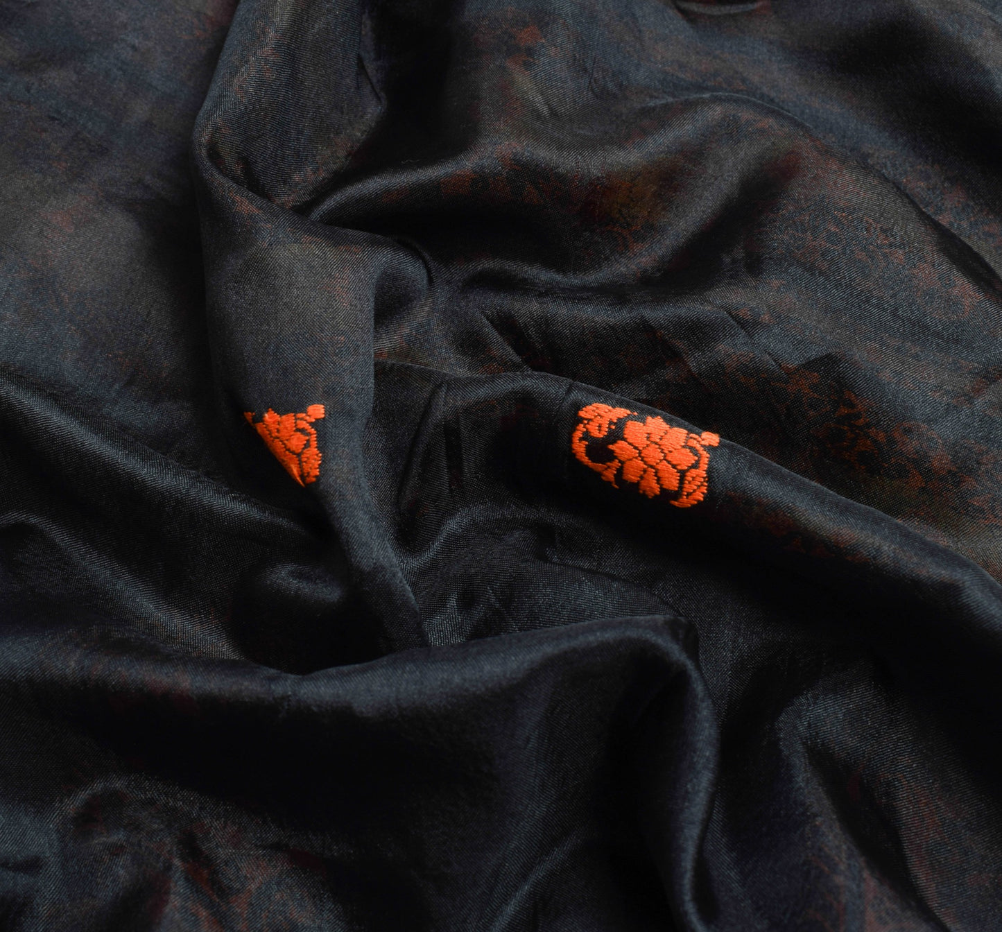Sushila Vintage Black & Dark Orange Saree Elegance Woven Soft Silk Sari Fabric
