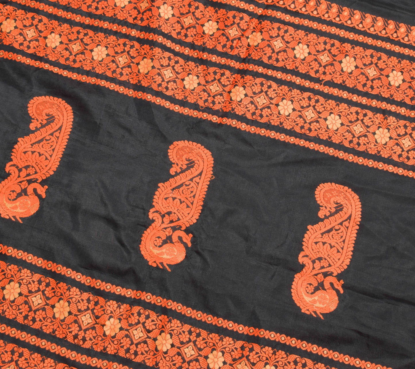 Sushila Vintage Black & Dark Orange Saree Elegance Woven Soft Silk Sari Fabric