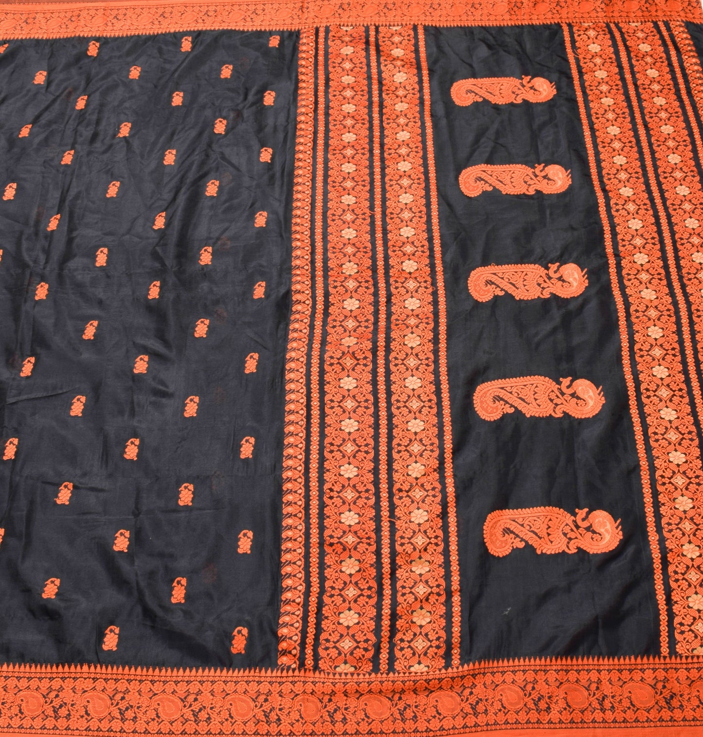 Sushila Vintage Black & Dark Orange Saree Elegance Woven Soft Silk Sari Fabric