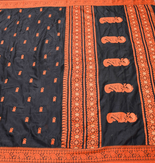 Sushila Vintage Black & Dark Orange Saree Elegance Woven Soft Silk Sari Fabric