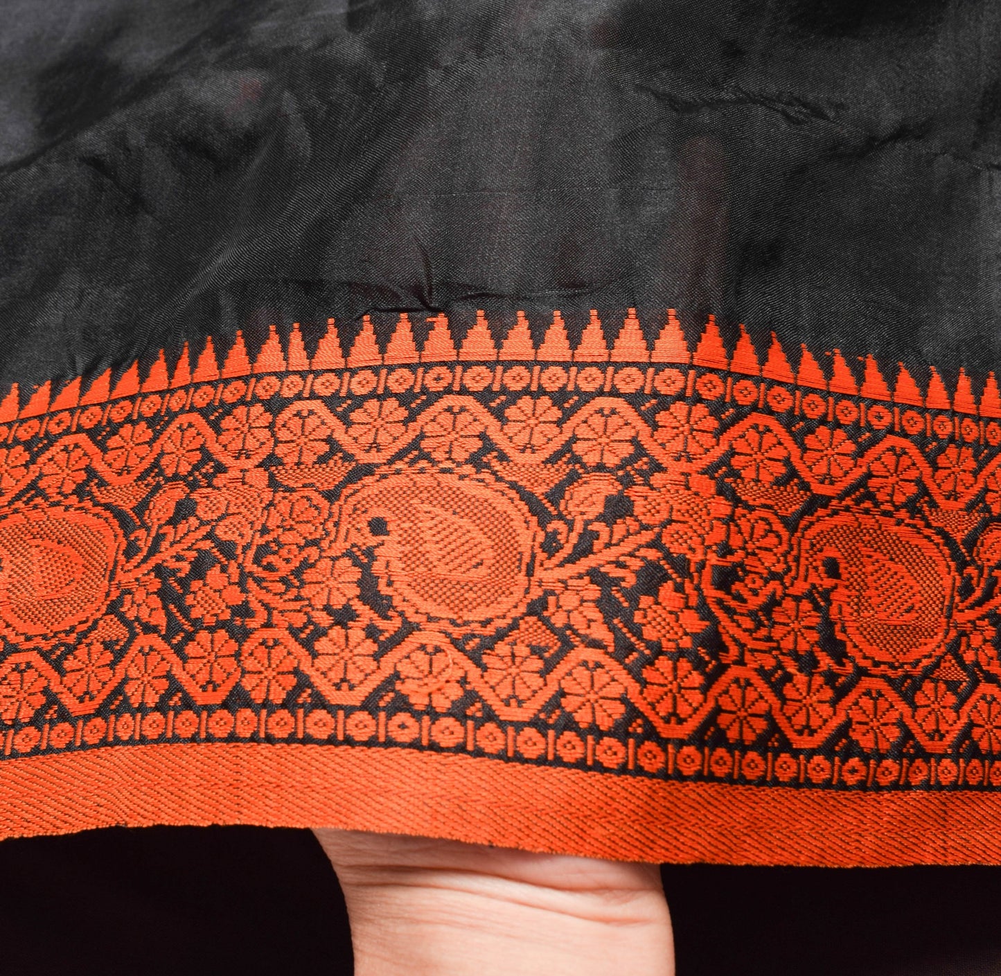 Sushila Vintage Black & Dark Orange Saree Elegance Woven Soft Silk Sari Fabric
