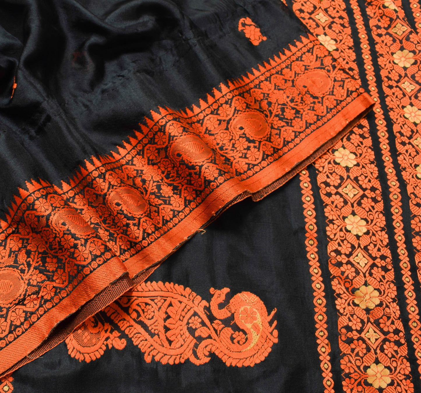 Sushila Vintage Black & Dark Orange Saree Elegance Woven Soft Silk Sari Fabric