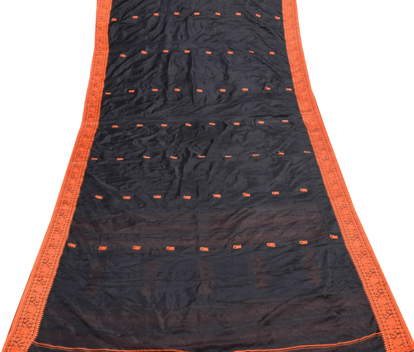 Sushila Vintage Black & Dark Orange Saree Elegance Woven Soft Silk Sari Fabric
