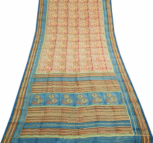 Sushila Vintage Pink Printed Saree 100% Pure Crepe Silk Soft Women Sari Fabric