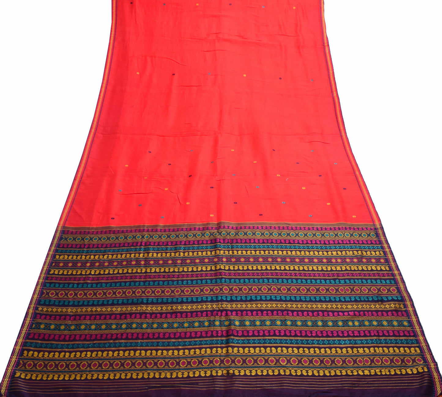 Sushila Vintage Dark Orange Saree 100%Pure Cotton Floral Woven Sari Craft Fabric
