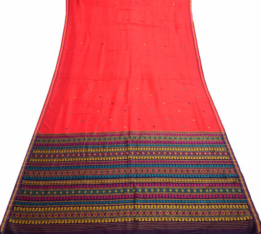 Sushila Vintage Dark Orange Saree 100%Pure Cotton Floral Woven Sari Craft Fabric