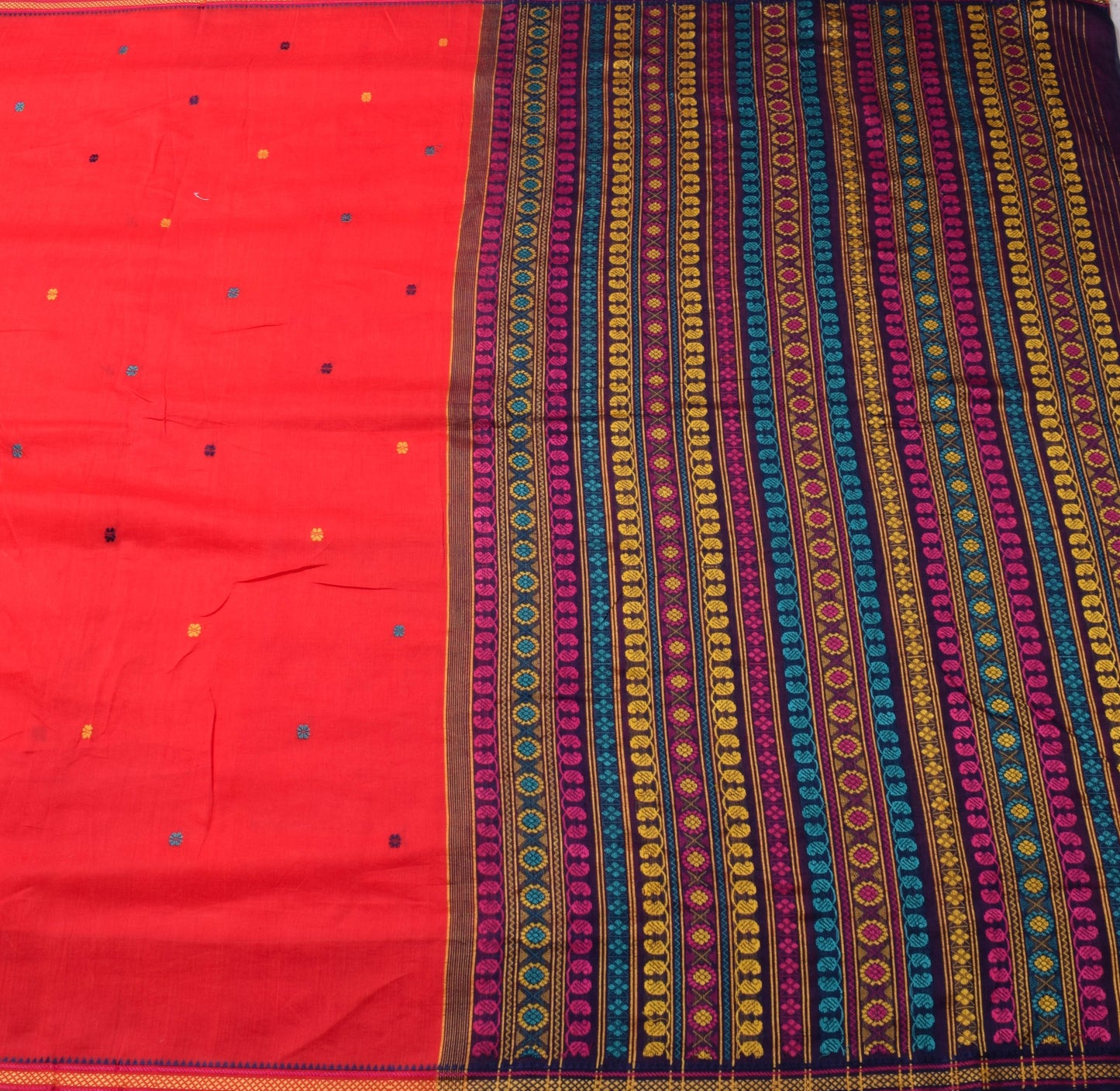 Sushila Vintage Dark Orange Saree 100%Pure Cotton Floral Woven Sari Craft Fabric