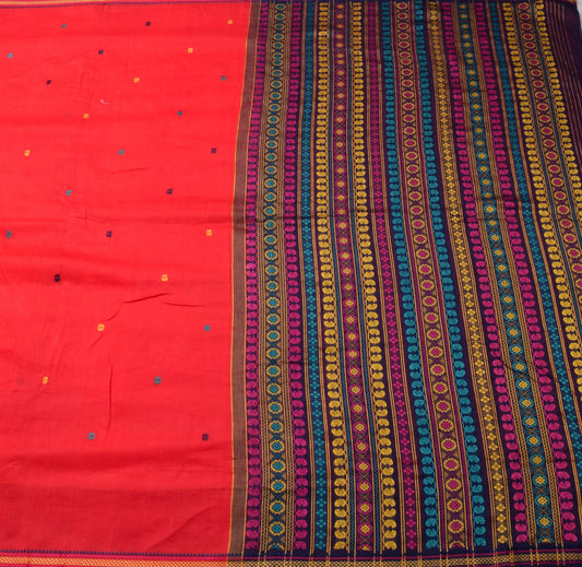 Sushila Vintage Dark Orange Saree 100%Pure Cotton Floral Woven Sari Craft Fabric
