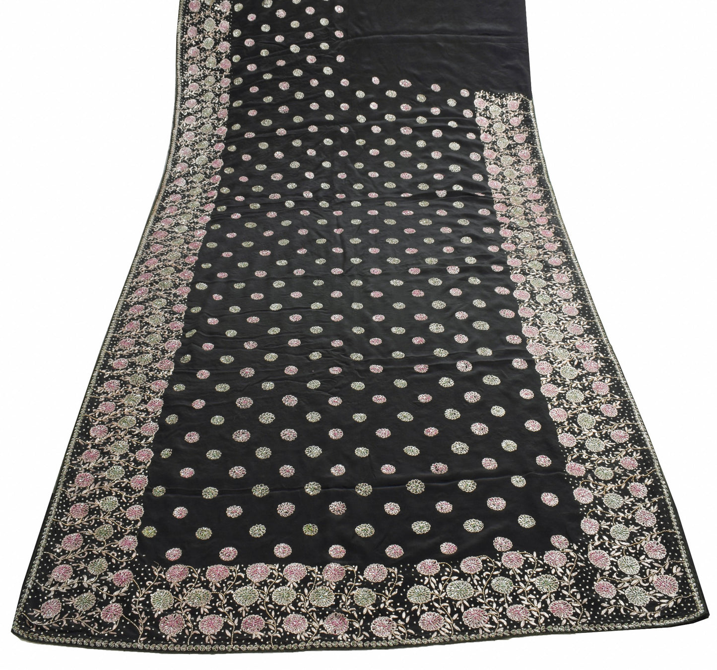 Sushila Vintage Black Glass Beads Embellish Saree Crepe Silk Heavy Sari Fabric