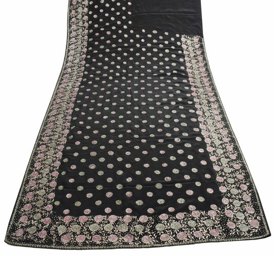 Sushila Vintage Black Glass Beads Embellish Saree Crepe Silk Heavy Sari Fabric