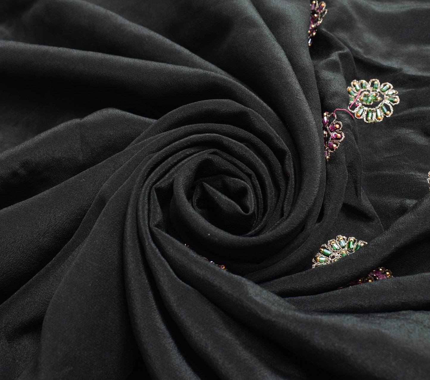Sushila Vintage Black Glass Beads Embellish Saree Crepe Silk Heavy Sari Fabric