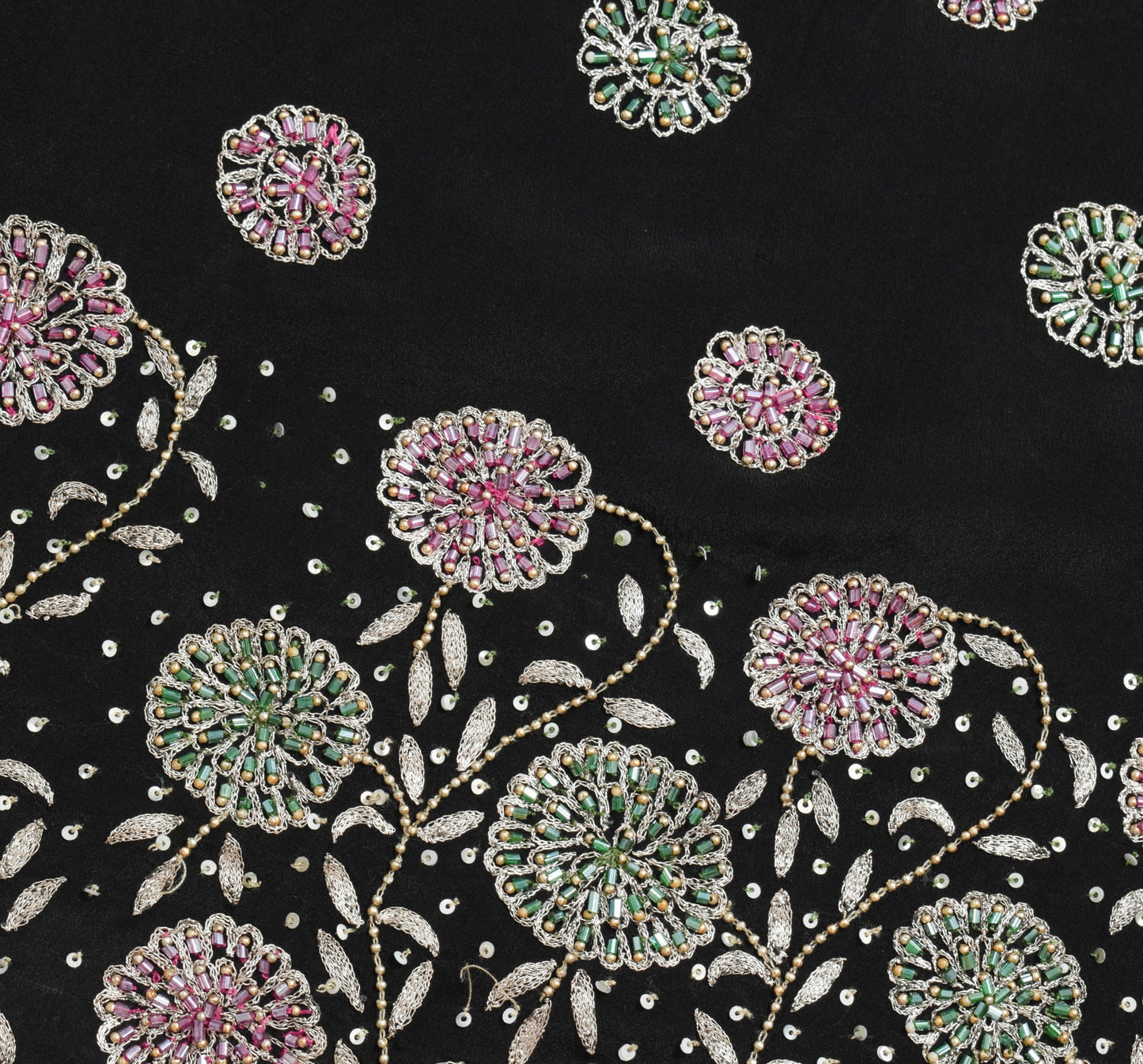 Sushila Vintage Black Glass Beads Embellish Saree Crepe Silk Heavy Sari Fabric