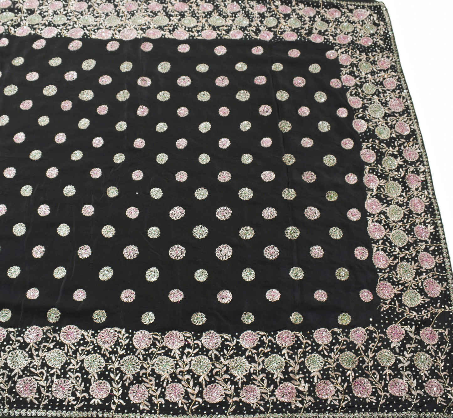 Sushila Vintage Black Glass Beads Embellish Saree Crepe Silk Heavy Sari Fabric