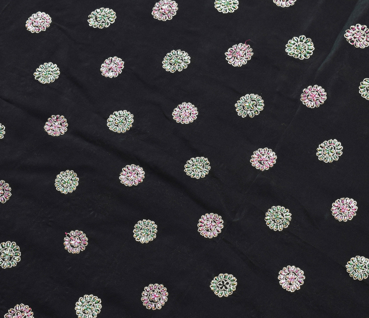 Sushila Vintage Black Glass Beads Embellish Saree Crepe Silk Heavy Sari Fabric