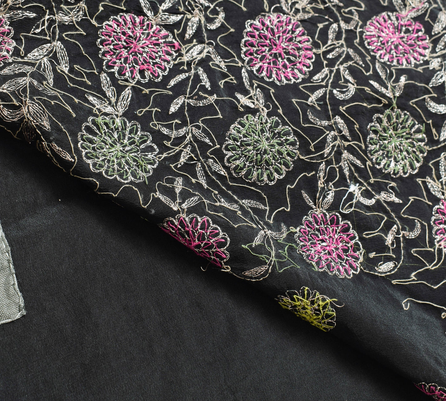 Sushila Vintage Black Glass Beads Embellish Saree Crepe Silk Heavy Sari Fabric