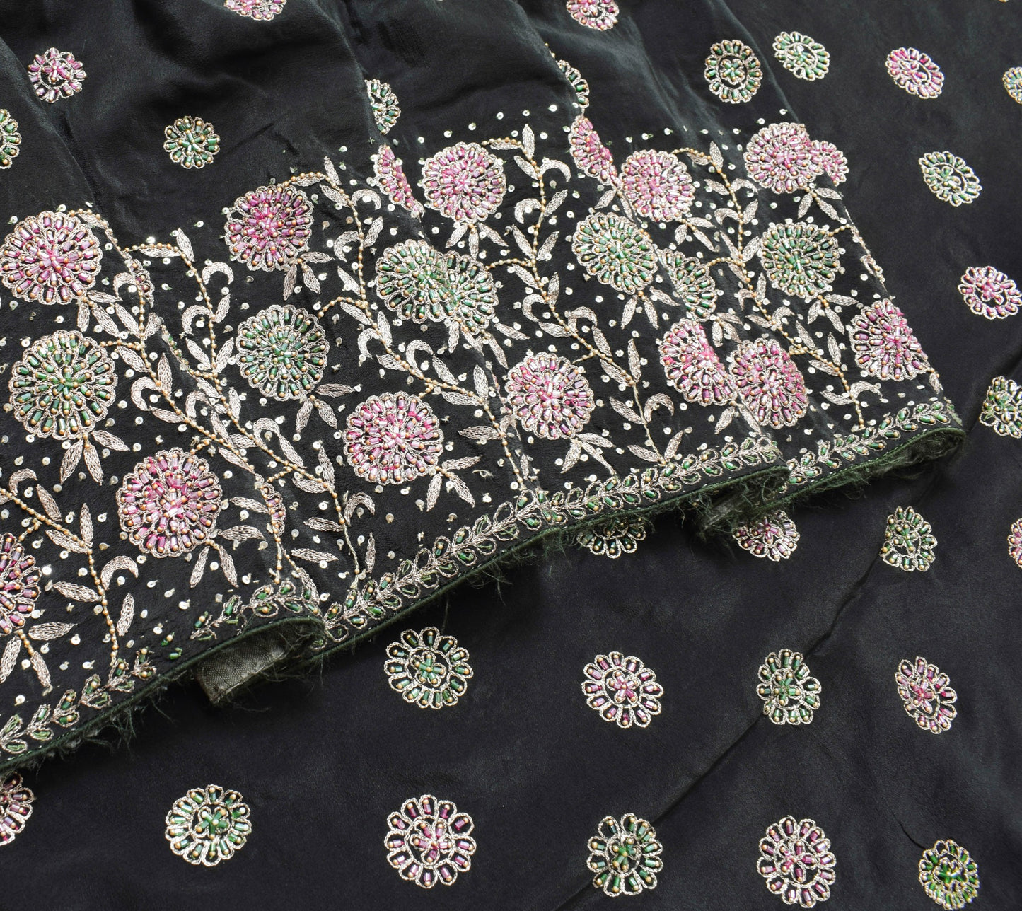 Sushila Vintage Black Glass Beads Embellish Saree Crepe Silk Heavy Sari Fabric