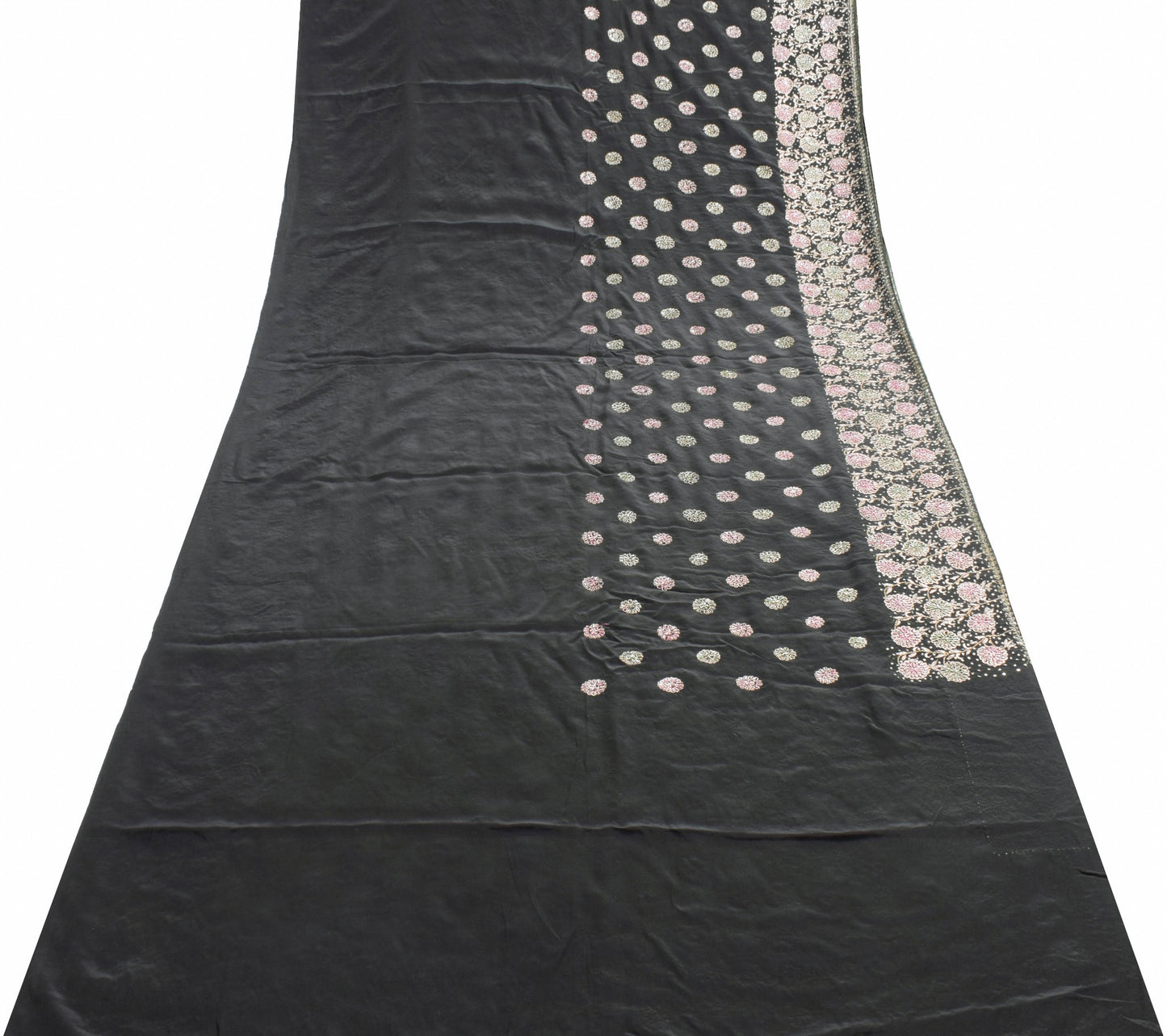 Sushila Vintage Black Glass Beads Embellish Saree Crepe Silk Heavy Sari Fabric