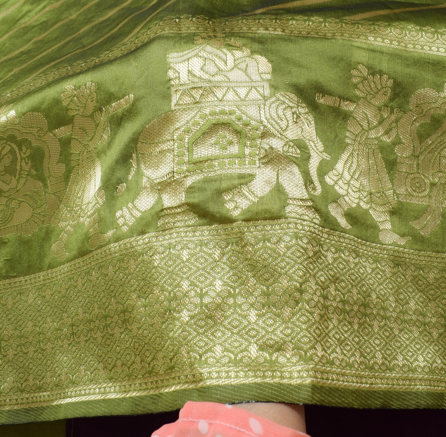 Sushila Vintage Green Silk Saree Stripes Woven Sari with Purple Blouse Fabric