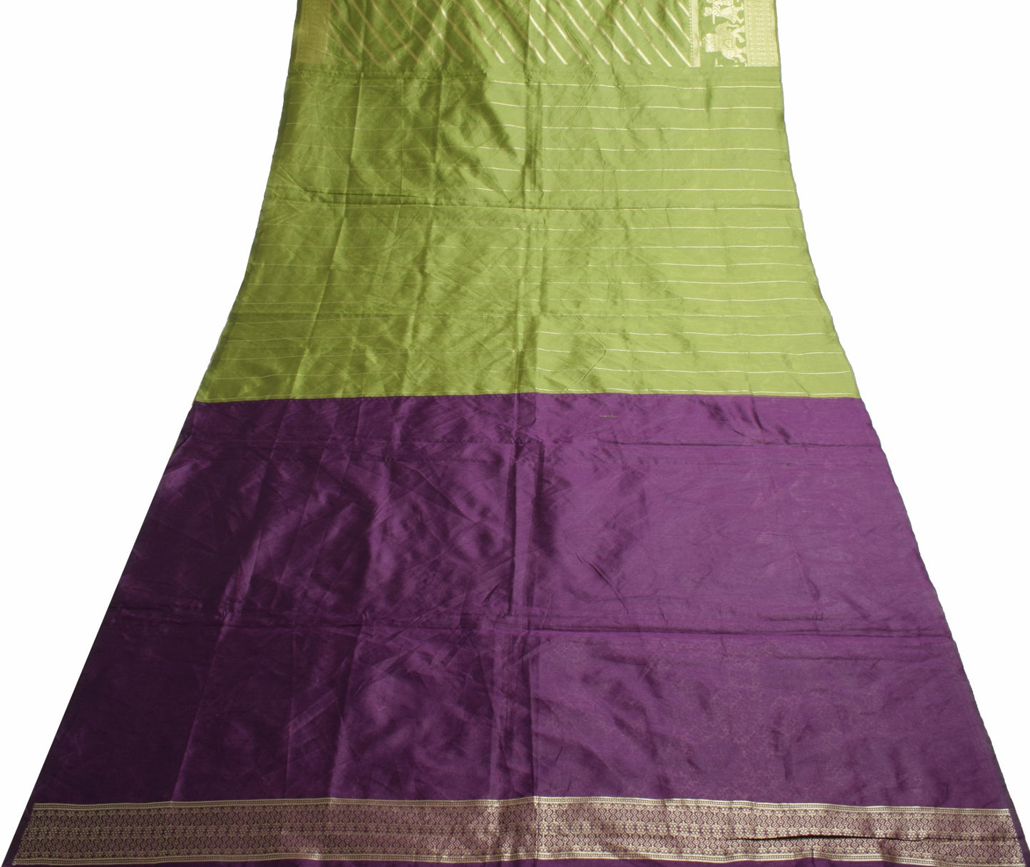 Sushila Vintage Green Silk Saree Stripes Woven Sari with Purple Blouse Fabric