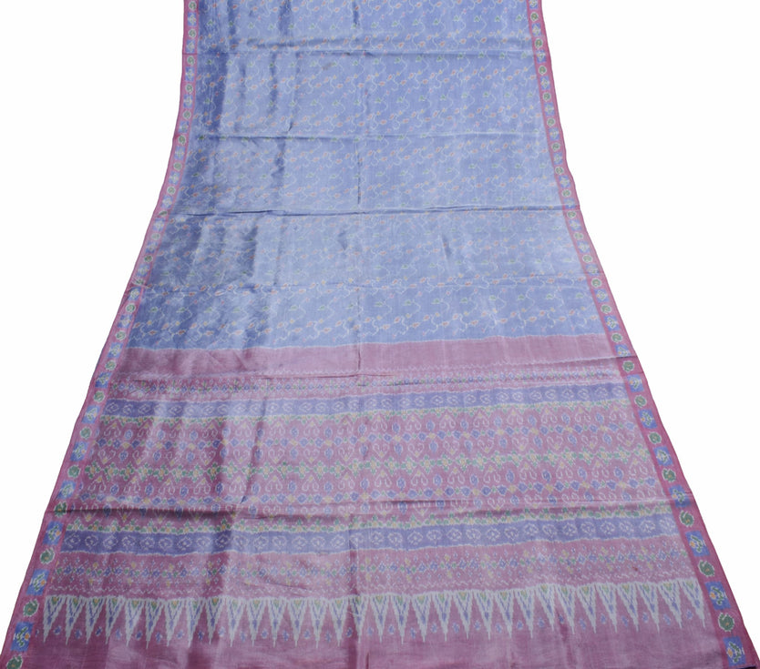 Sushila Vintage Sky Blue Saree Hand Woven Ikat Patola Silk Sari Craft Fabric