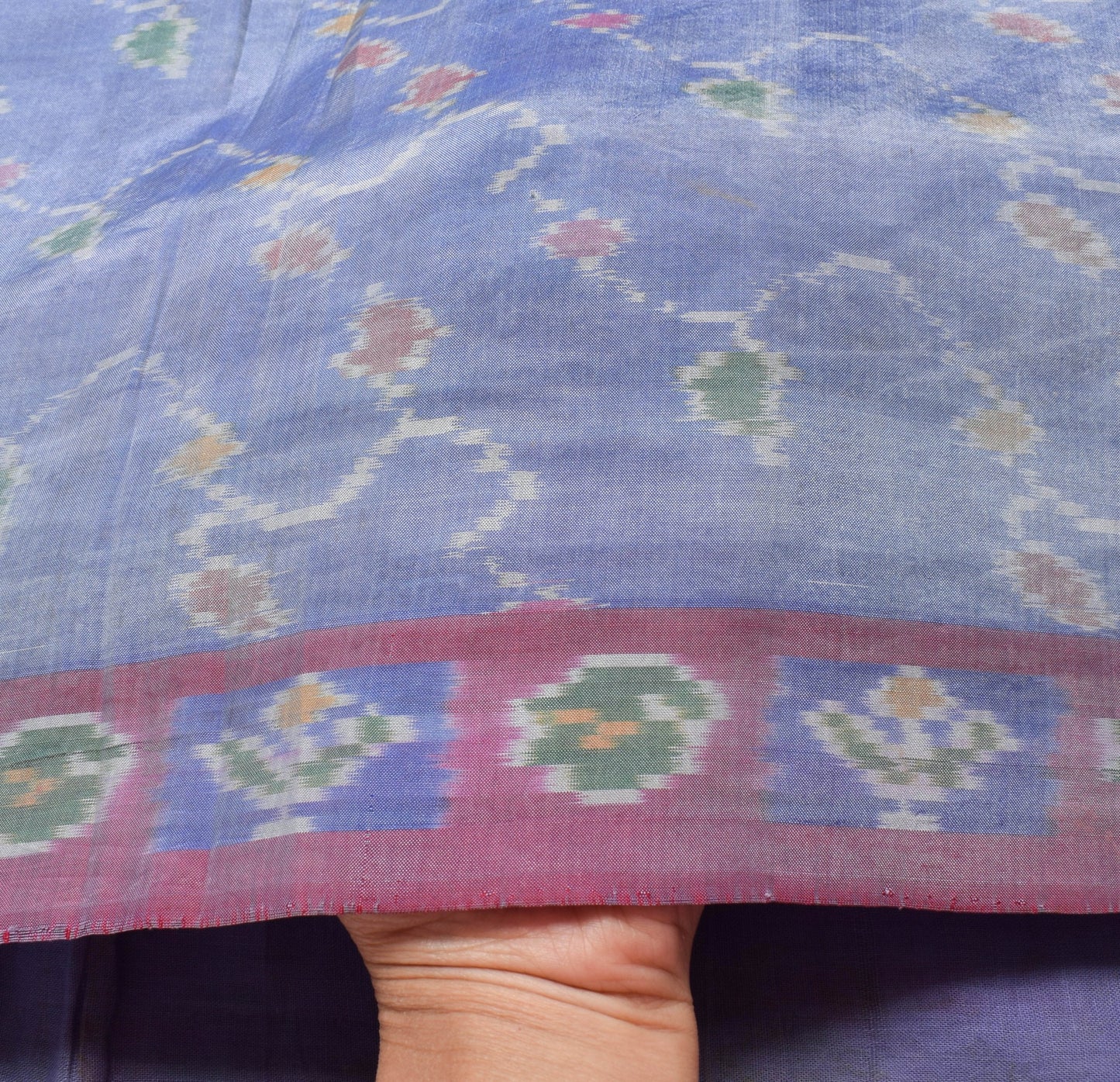 Sushila Vintage Sky Blue Saree Hand Woven Ikat Patola Silk Sari Craft Fabric