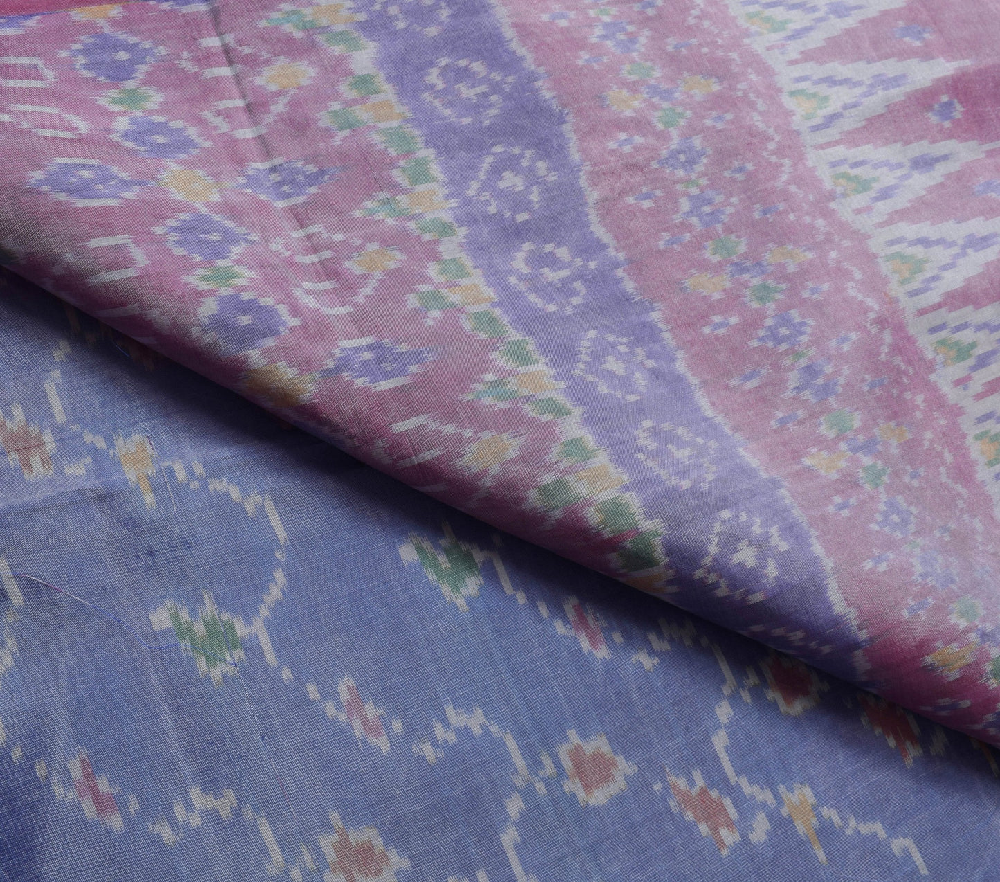 Sushila Vintage Sky Blue Saree Hand Woven Ikat Patola Silk Sari Craft Fabric