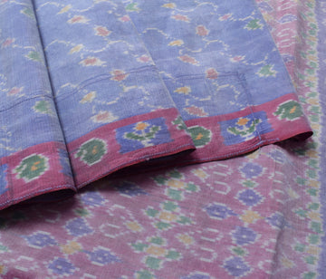 Sushila Vintage Sky Blue Saree Hand Woven Ikat Patola Silk Sari Craft Fabric