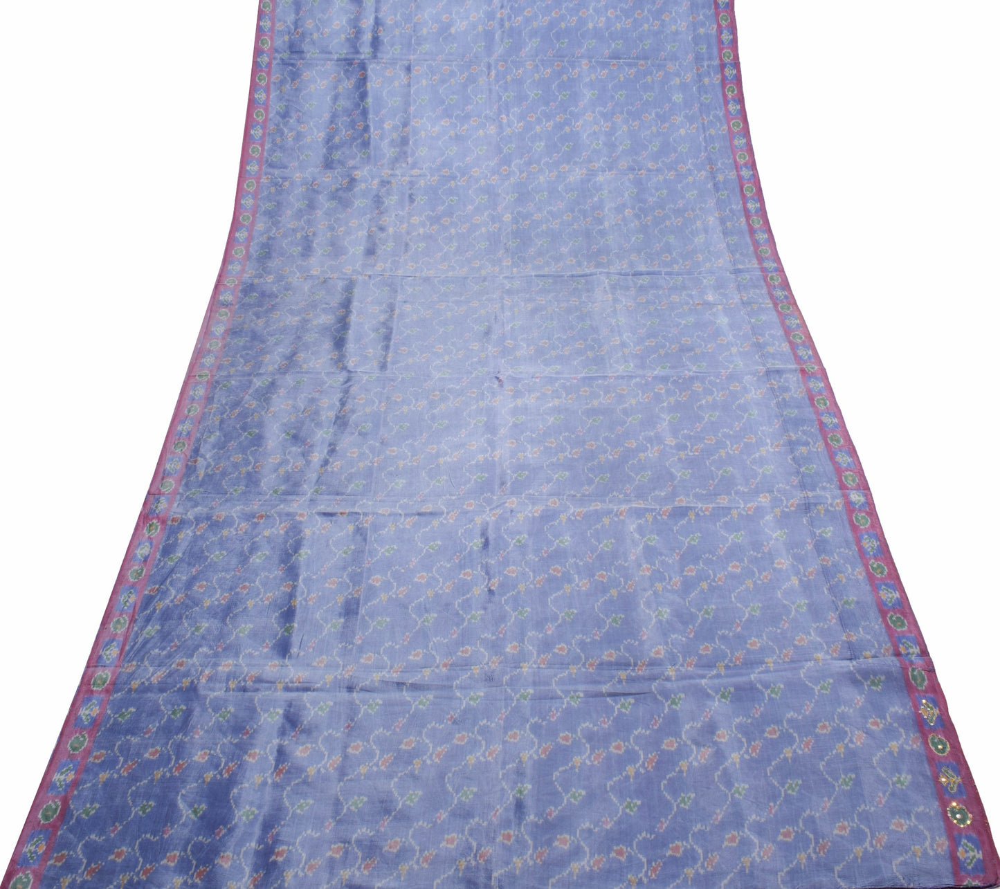 Sushila Vintage Sky Blue Saree Hand Woven Ikat Patola Silk Sari Craft Fabric