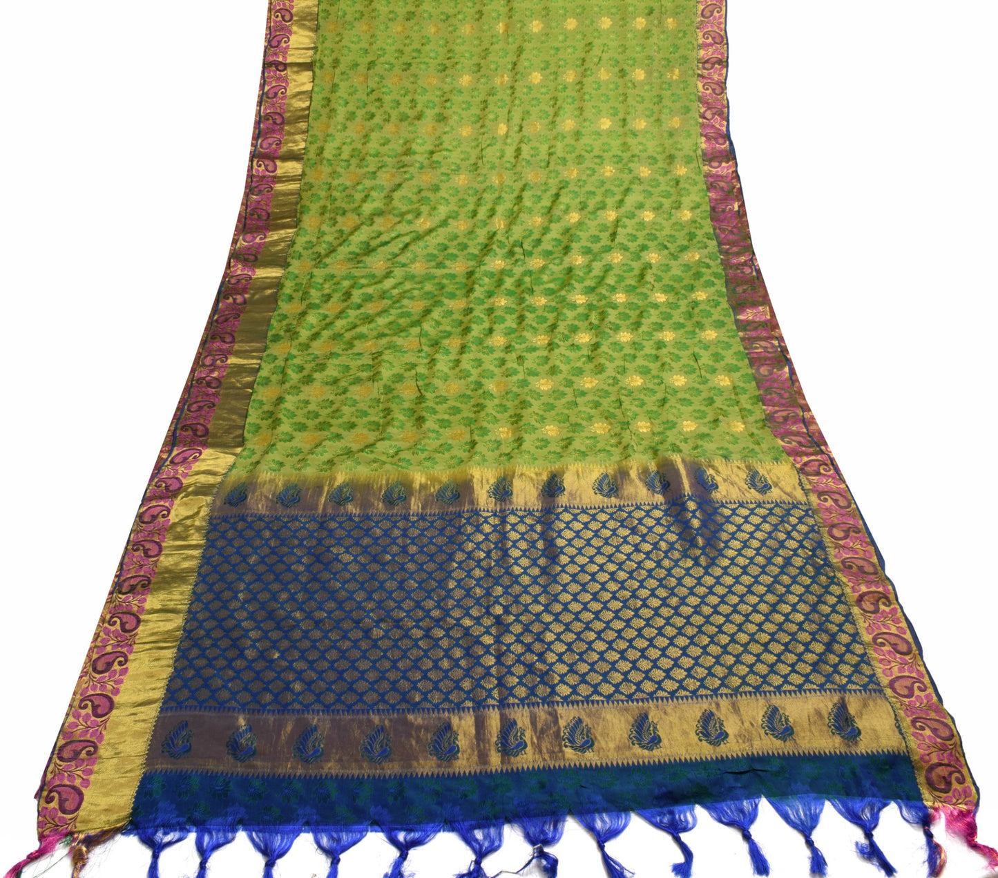 Sushila Vintage Green Dual Tone Silk Saree Floral Woven Wedding Sari Soft Fabric