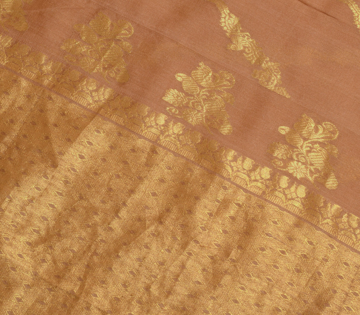 Sushila Vintage 100% Pure Silk Brown Saree Zari Brocade Floral Sari Craft Fabric