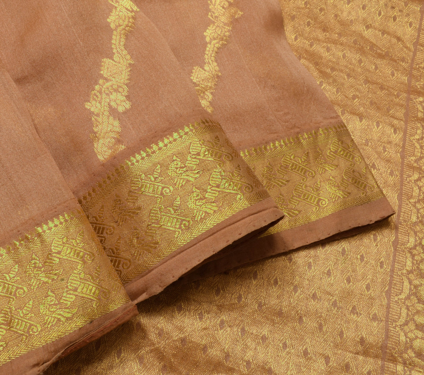 Sushila Vintage 100% Pure Silk Brown Saree Zari Brocade Floral Sari Craft Fabric