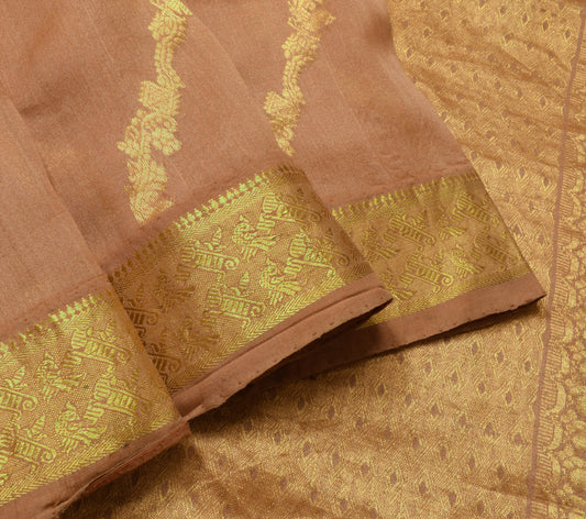 Sushila Vintage 100% Pure Silk Brown Saree Zari Brocade Floral Sari Craft Fabric