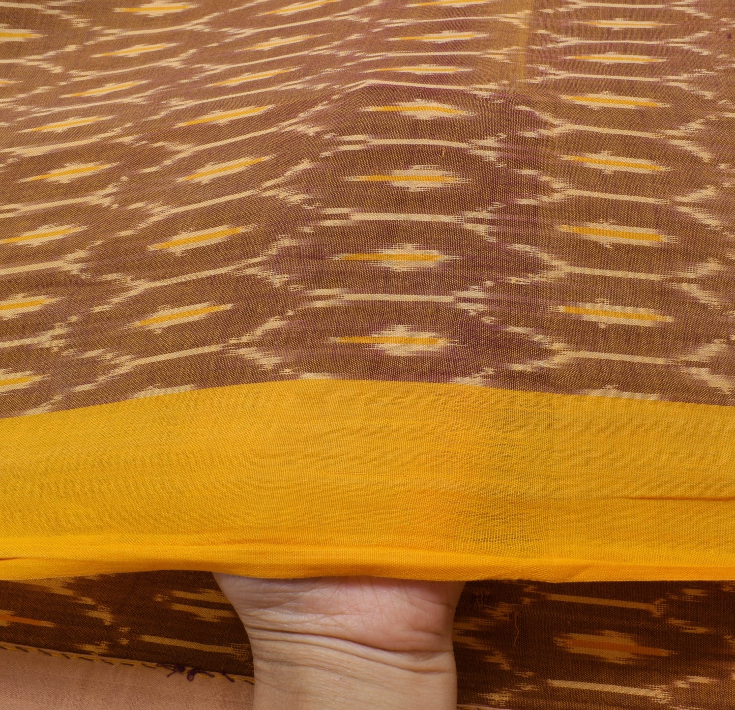 Sushila Vintage Brown Cotton Saree Hand Woven Ikat Patola Soft Sari Craft Fabric
