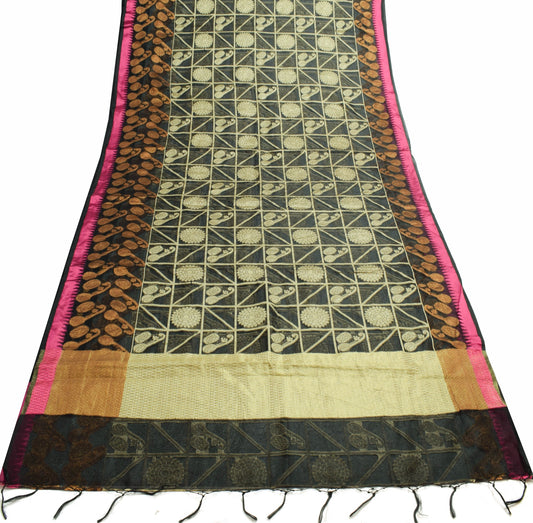 Sushila Vintage Black Silk Saree Mandala & Instrument Woven Sari Craft Fabric