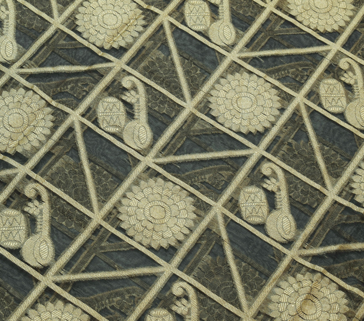 Sushila Vintage Black Silk Saree Mandala & Instrument Woven Sari Craft Fabric