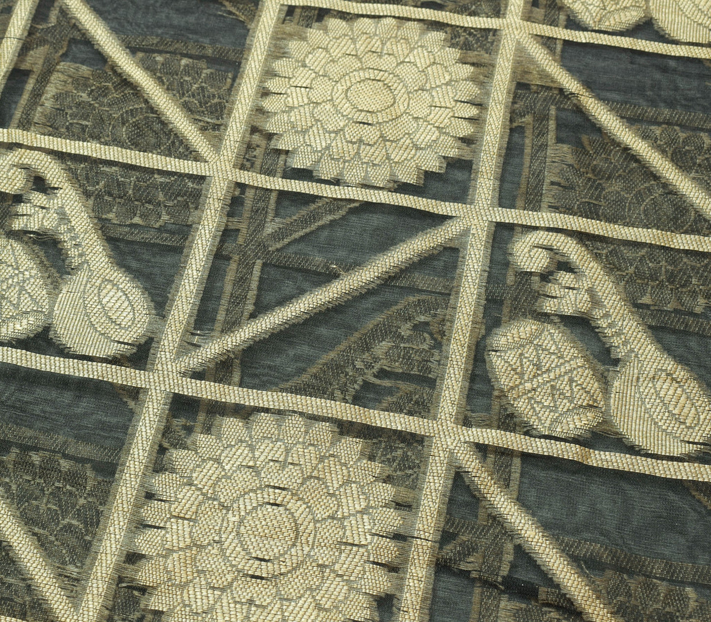 Sushila Vintage Black Silk Saree Mandala & Instrument Woven Sari Craft Fabric